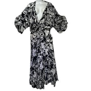Roaman's Women's Plus Size 18/20 Crinkle Black Island Leaves Maxi Dress